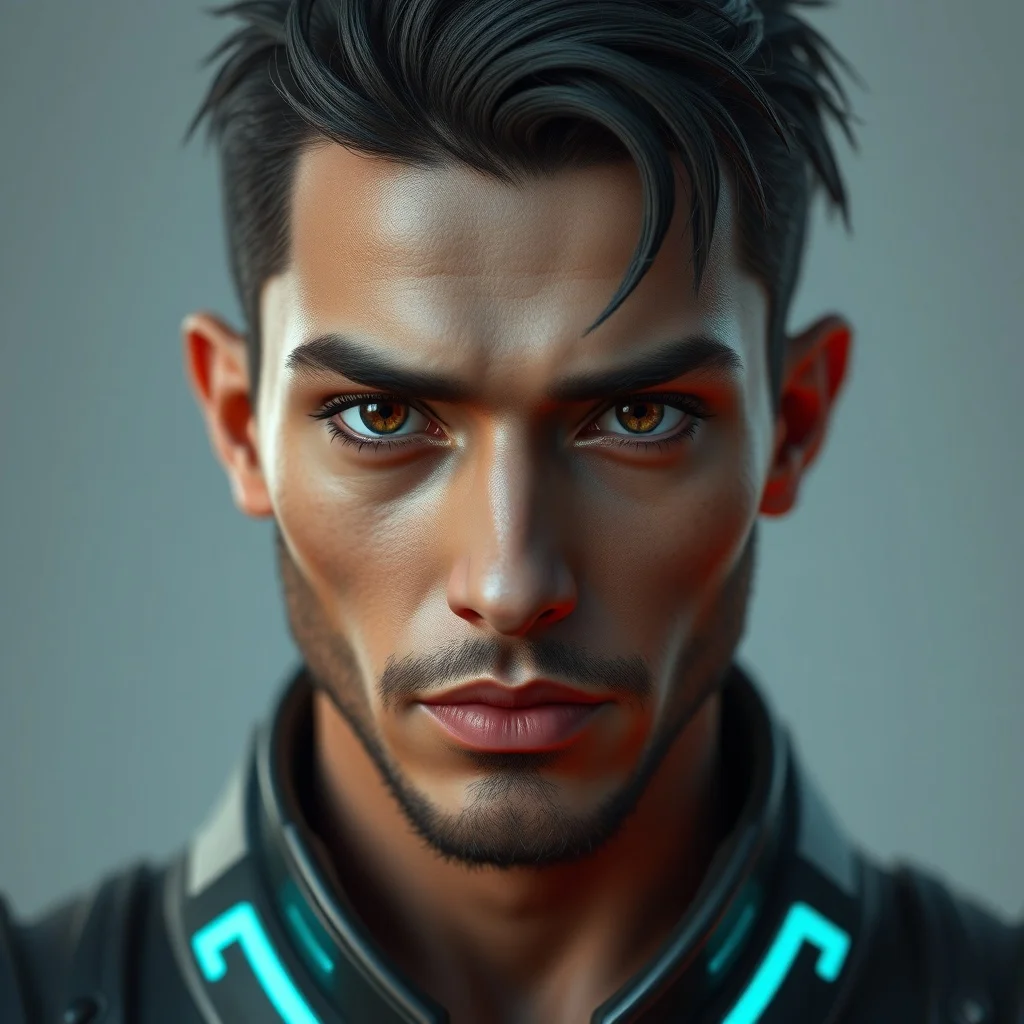 3D Render avatar: a cyber-styled warrior with neon highlights