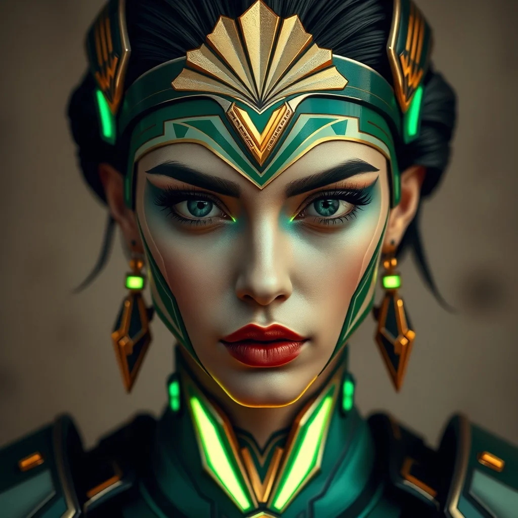 Art Deco avatar: a cyber-styled warrior with neon highlights