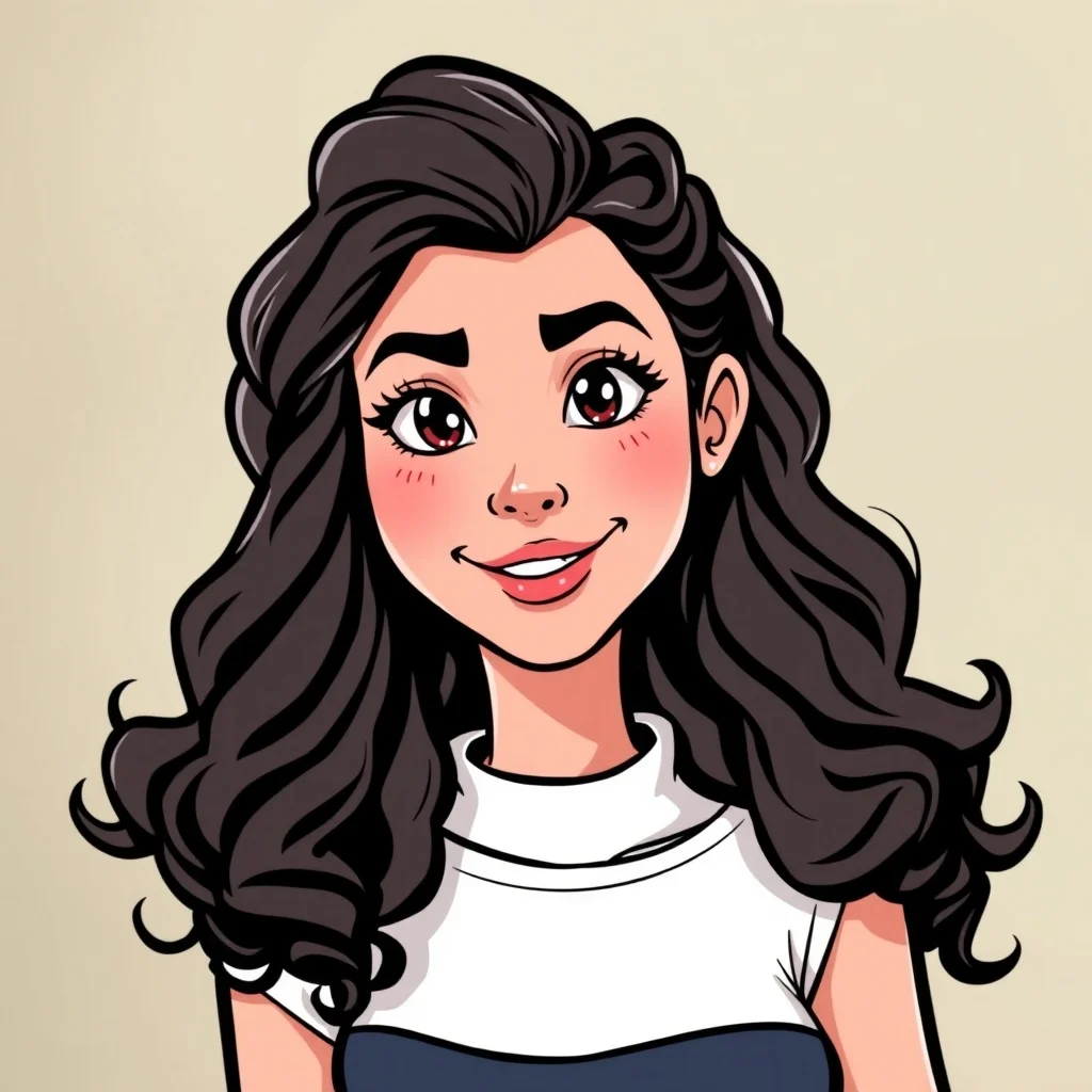 Cartoon avatar: a confident young woman with curly hair