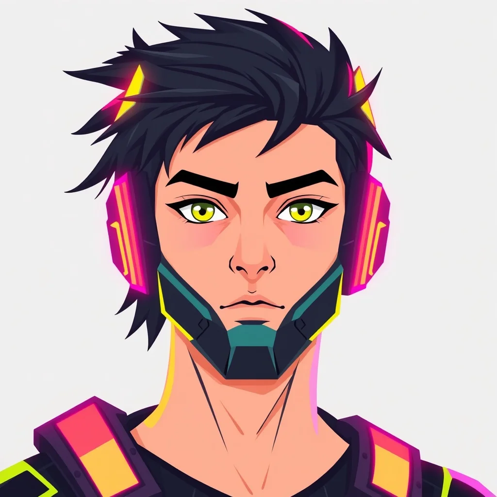 Flat Design avatar: a cyber-styled warrior with neon highlights