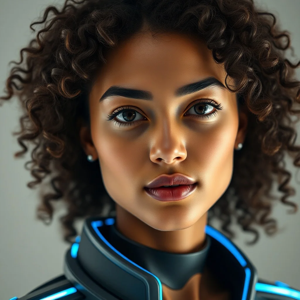 Futuristic avatar: a confident young woman with curly hair