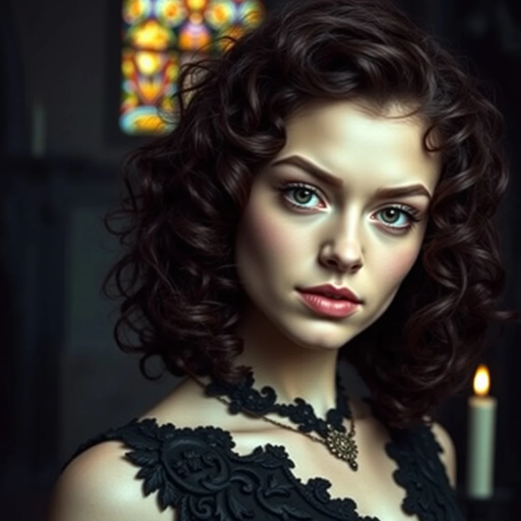 Gothic avatar: a confident young woman with curly hair