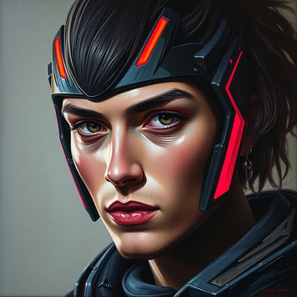 Oil Painting avatar: a cyber-styled warrior with neon highlights