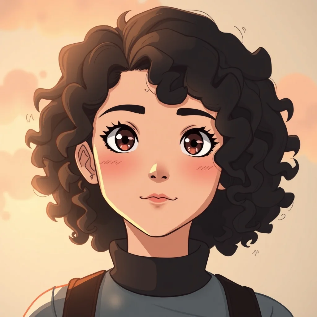 Studio Ghibli avatar: a confident young woman with curly hair