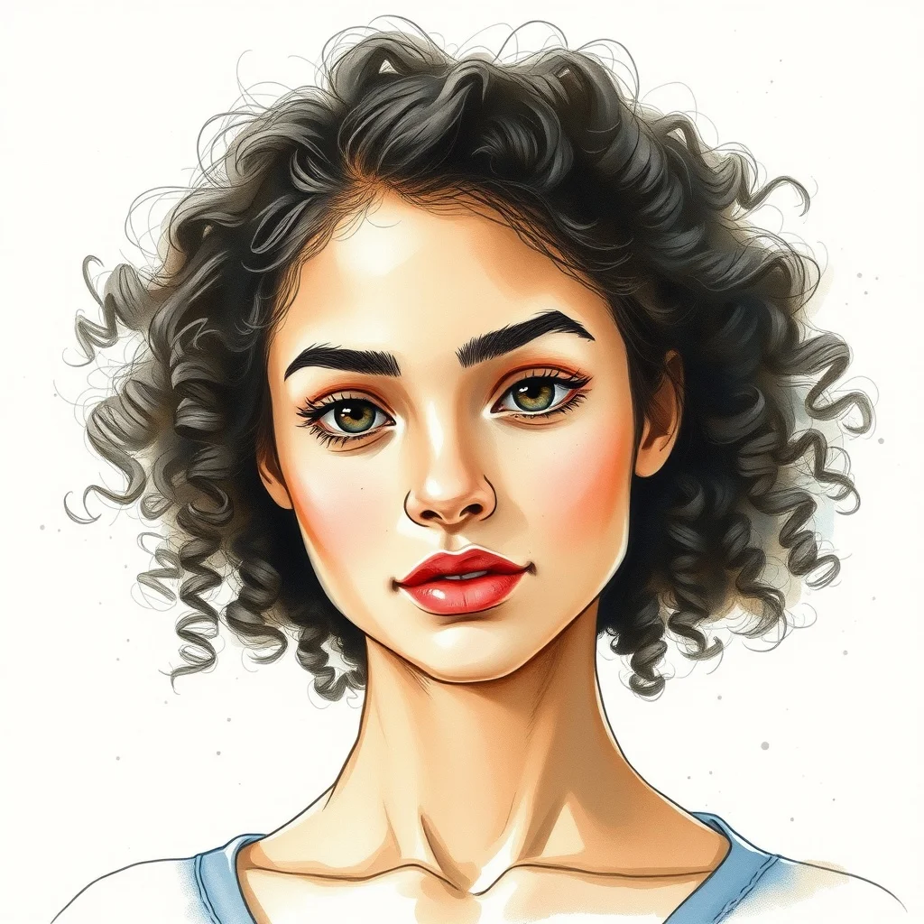Watercolor avatar: a confident young woman with curly hair