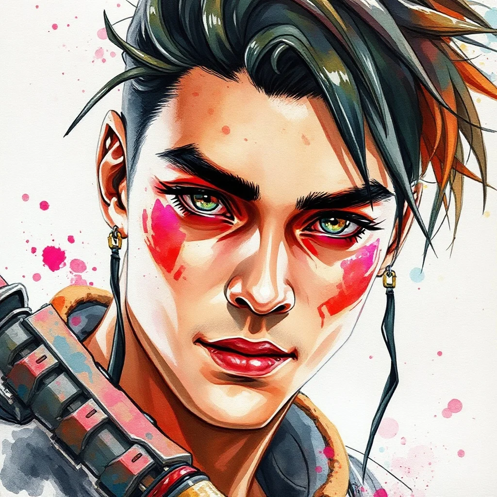Watercolor avatar: a cyber-styled warrior with neon highlights