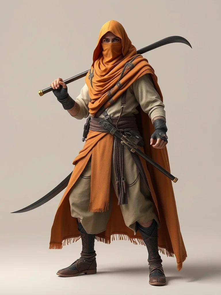 3D Render character: a desert nomad with veiled face and scimitar