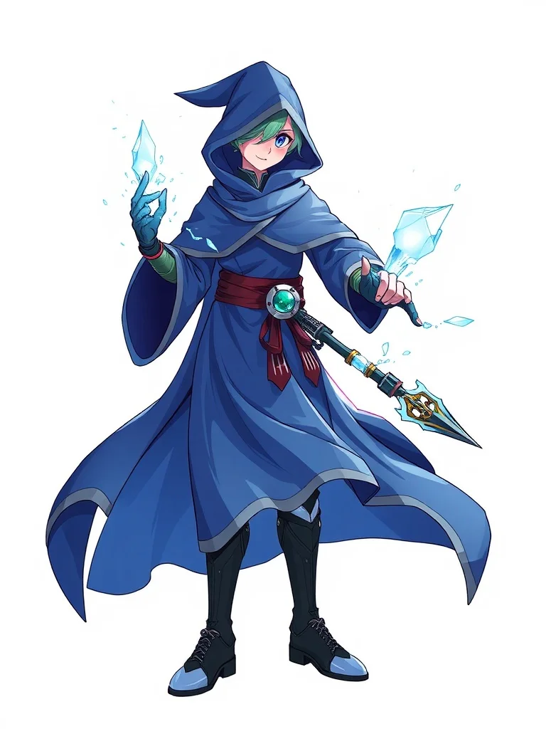 Anime character: a frost mage in flowing blue robes