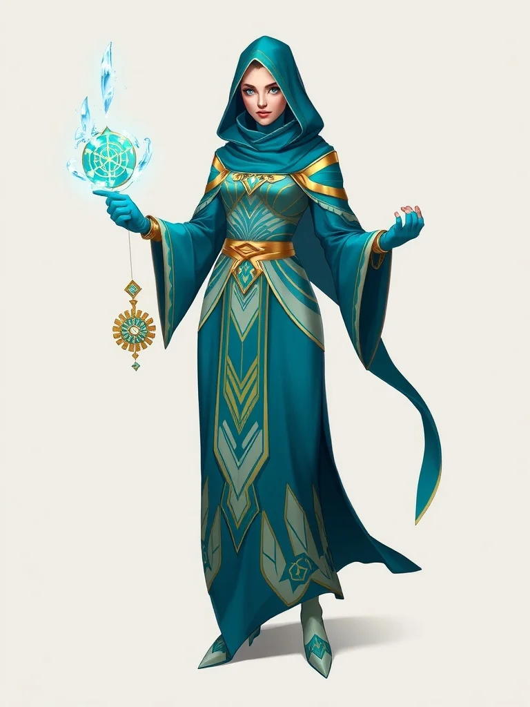 Art Deco character: a frost mage in flowing blue robes