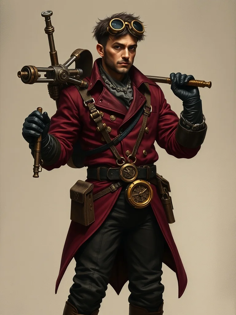 Baroque character: a steampunk inventor with goggles and toolbelt