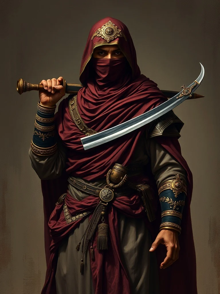 Baroque character: a desert nomad with veiled face and scimitar
