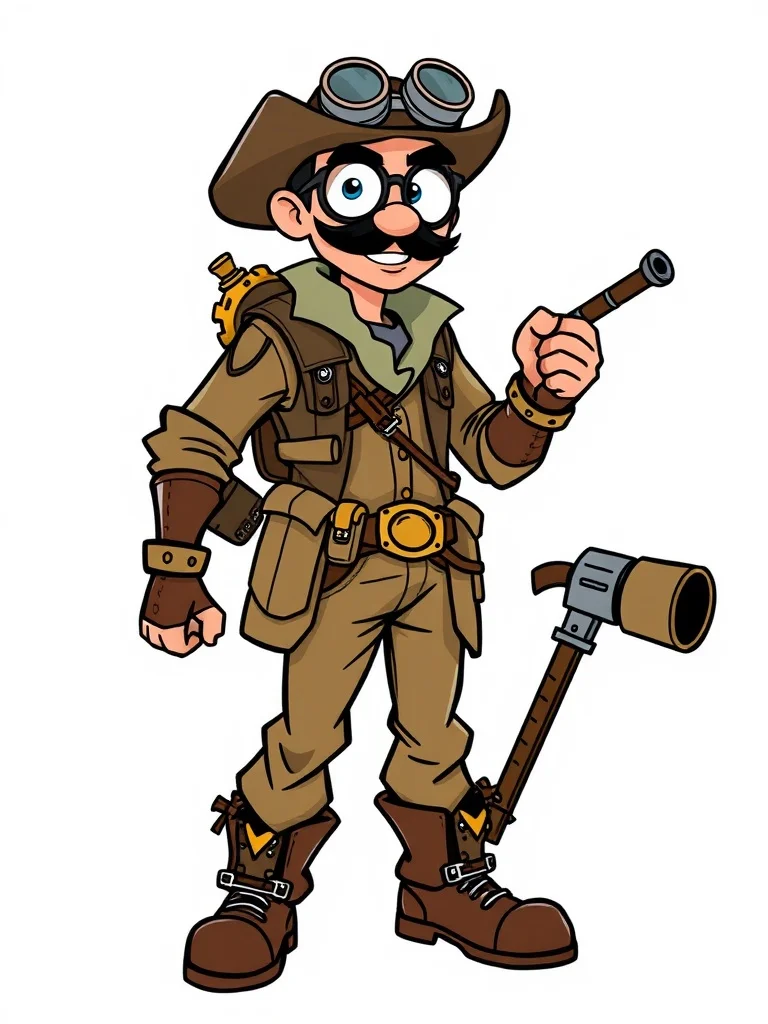 Cartoon character: a steampunk inventor with goggles and toolbelt