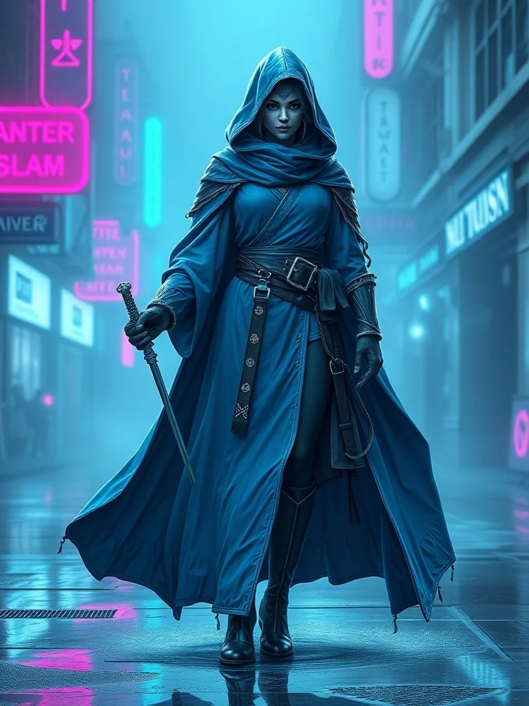 Cyberpunk character: a frost mage in flowing blue robes