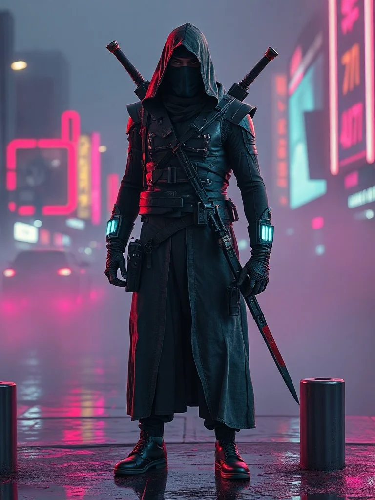 Cyberpunk character: a desert nomad with veiled face and scimitar