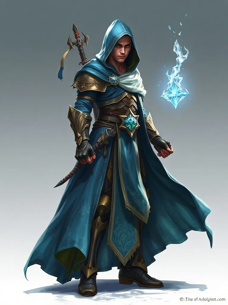 Fantasy character: a frost mage in flowing blue robes