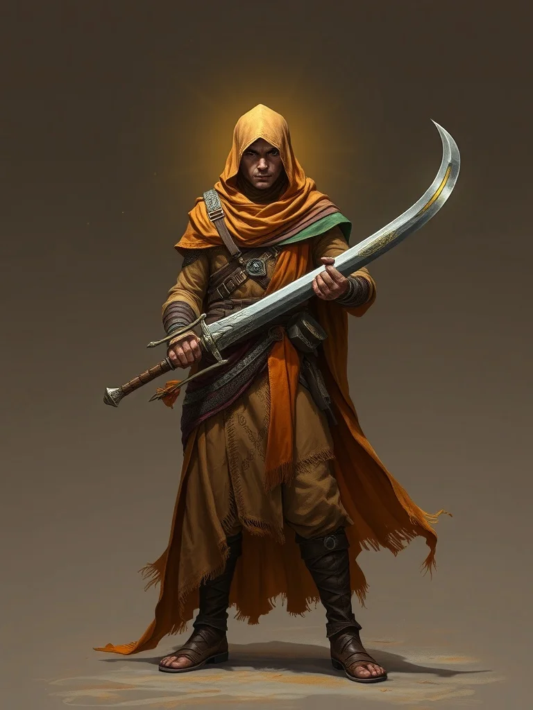 Fantasy character: a desert nomad with veiled face and scimitar