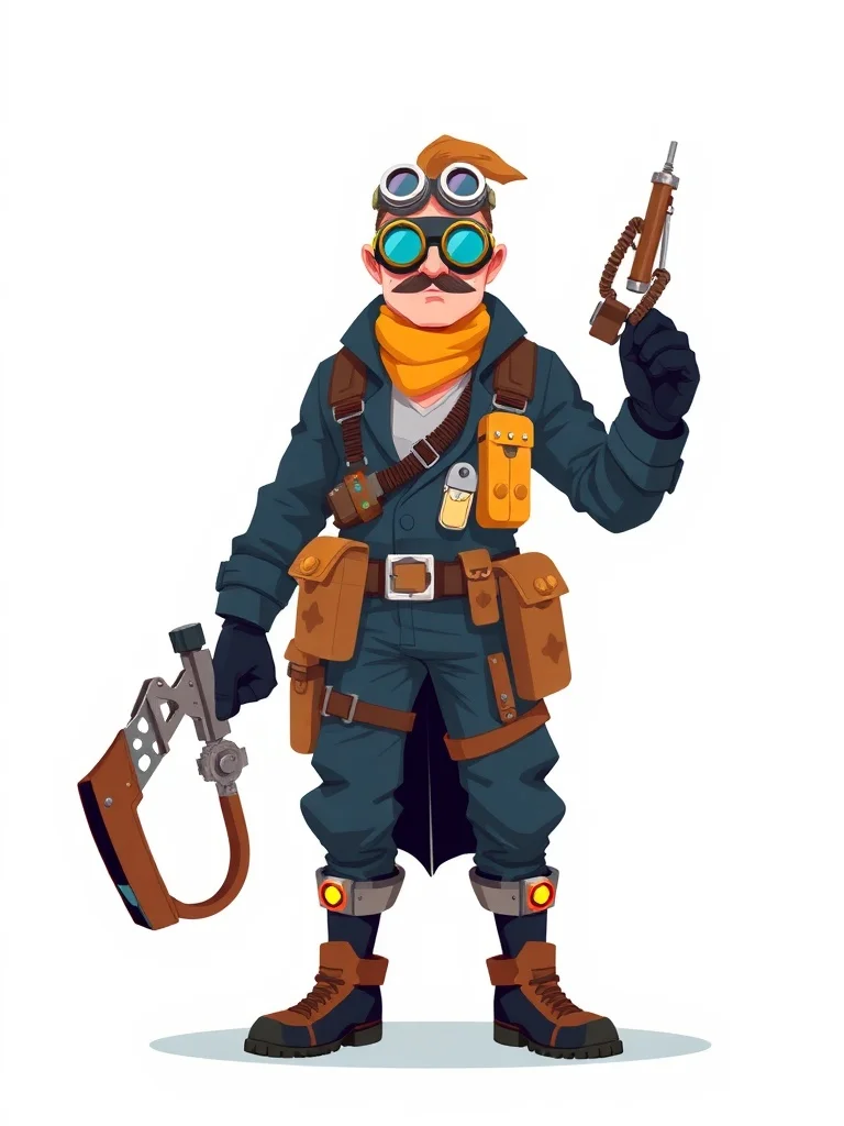 Flat Design character: a steampunk inventor with goggles and toolbelt