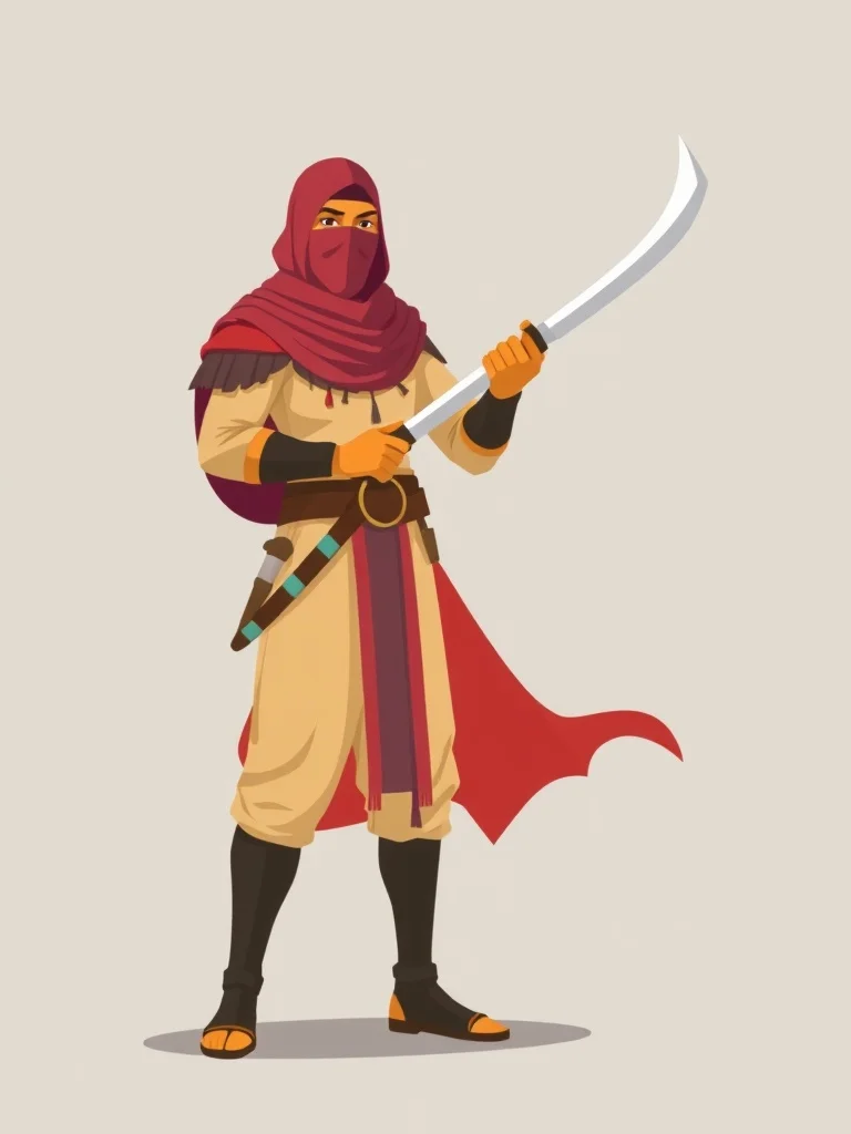 Flat Design character: a desert nomad with veiled face and scimitar