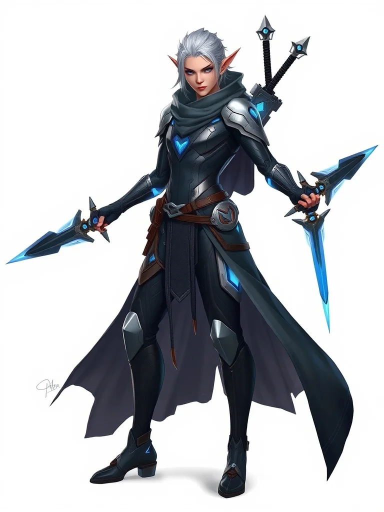 Futuristic character: a half-elf ranger with twin daggers