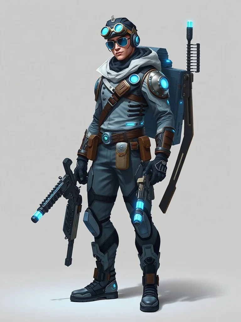 Futuristic character: a steampunk inventor with goggles and toolbelt