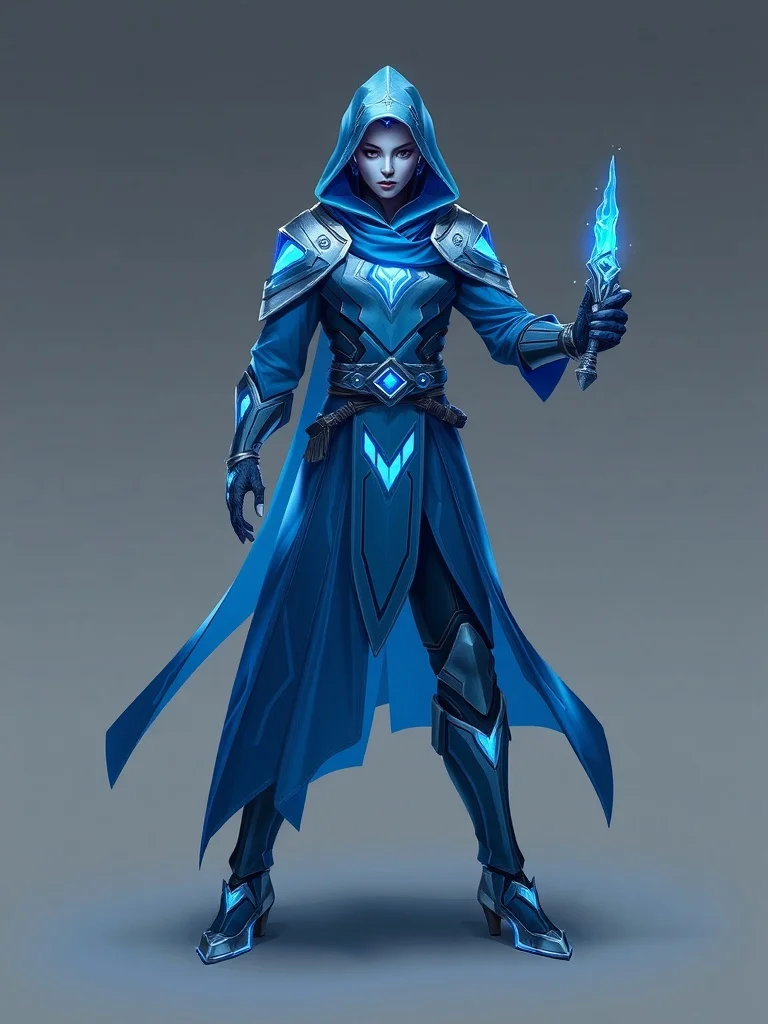 Futuristic character: a frost mage in flowing blue robes