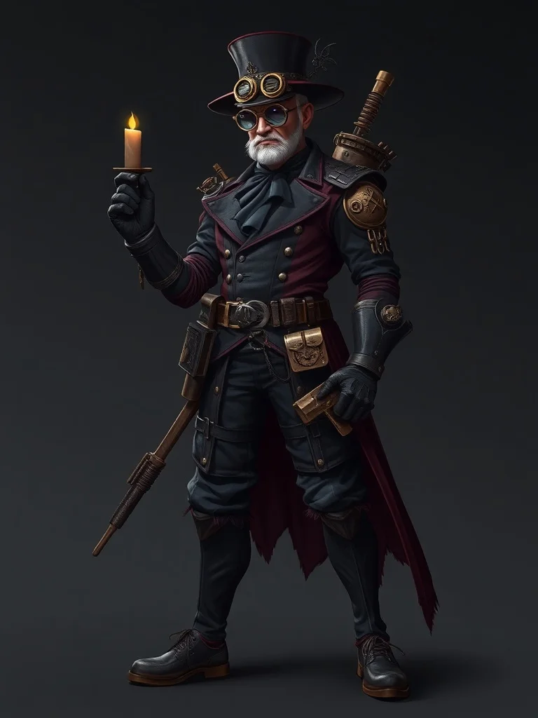 Gothic character: a steampunk inventor with goggles and toolbelt