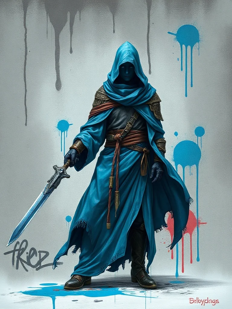 Graffiti character: a frost mage in flowing blue robes