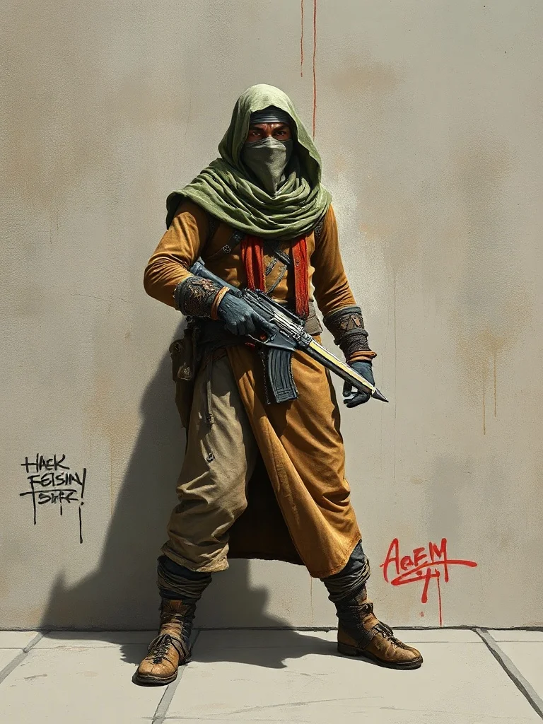 Graffiti character: a desert nomad with veiled face and scimitar