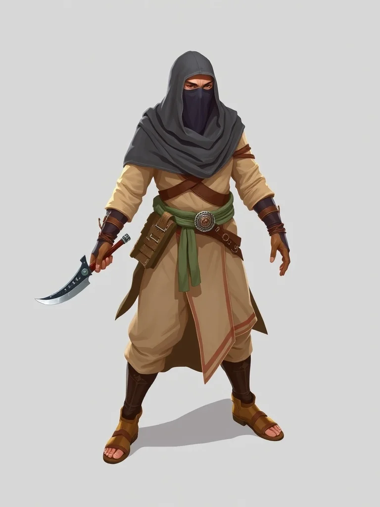 Isometric character: a desert nomad with veiled face and scimitar
