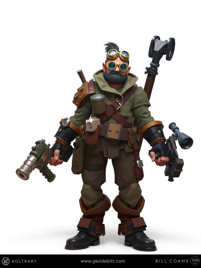 Low Poly character: a steampunk inventor with goggles and toolbelt