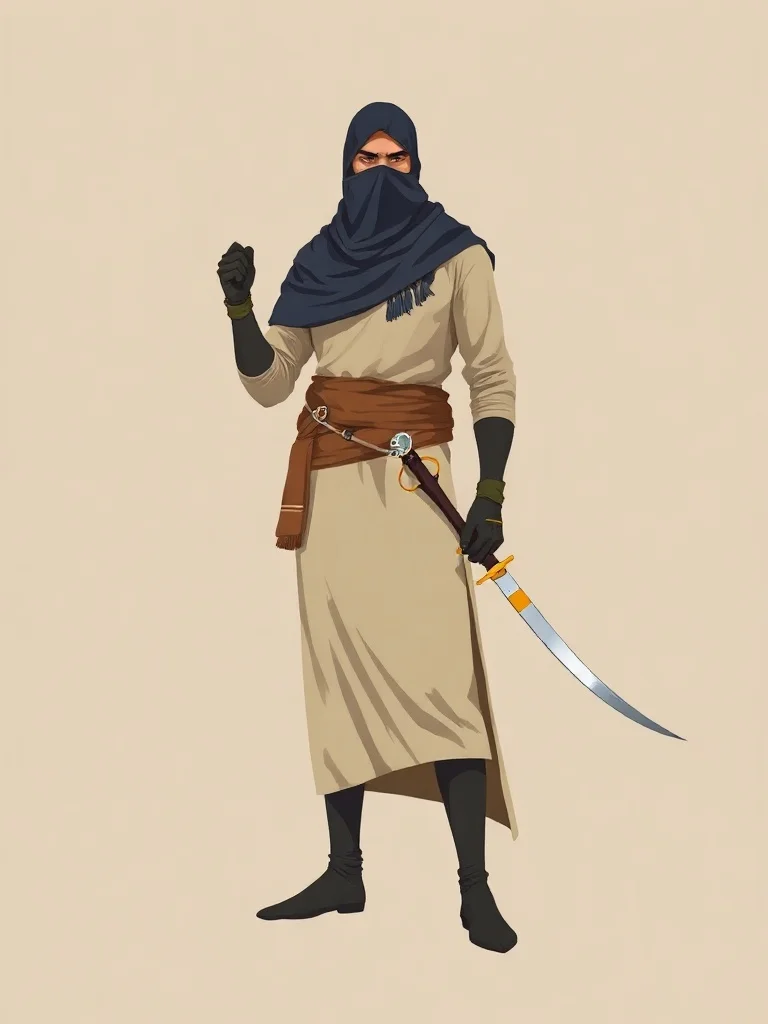 Minimalist character: a desert nomad with veiled face and scimitar