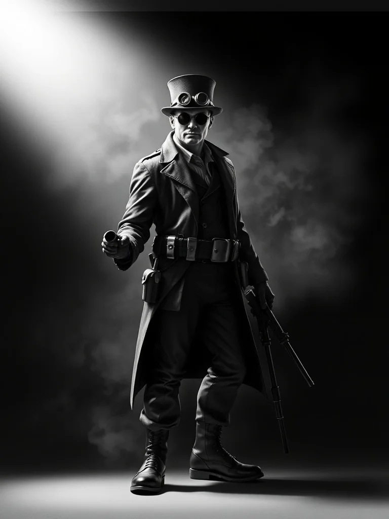 Noir character: a steampunk inventor with goggles and toolbelt