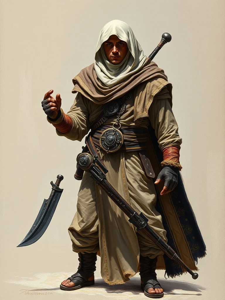 Oil Painting character: a desert nomad with veiled face and scimitar