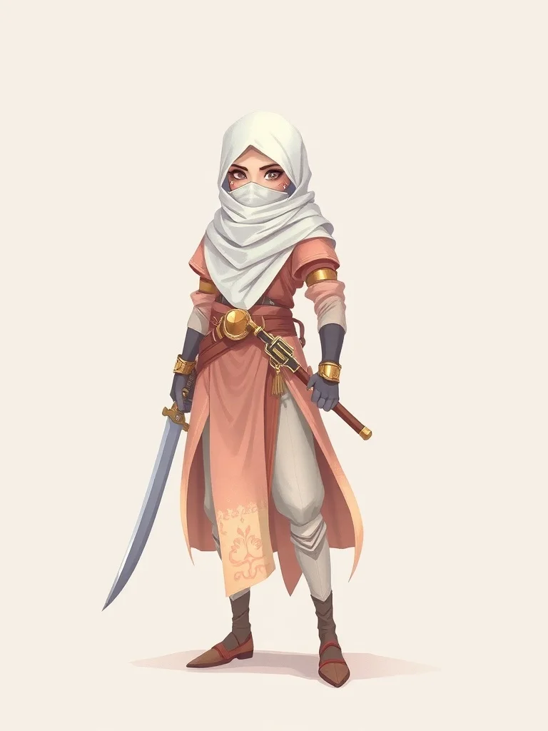 Pastel character: a desert nomad with veiled face and scimitar