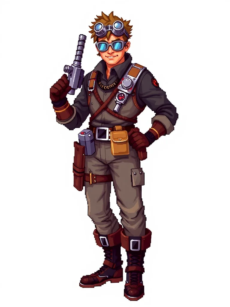 Pixel Art character: a steampunk inventor with goggles and toolbelt