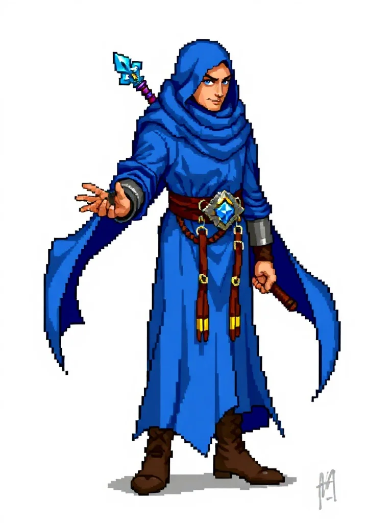 Pixel Art character: a frost mage in flowing blue robes