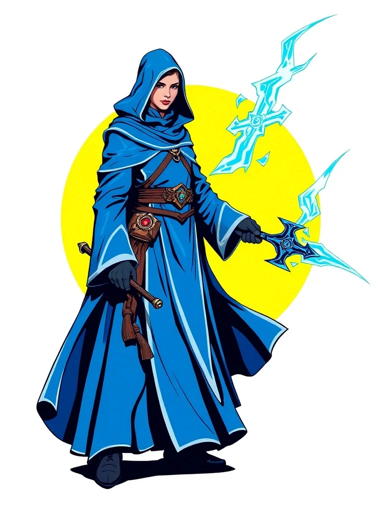 Pop Art character: a frost mage in flowing blue robes