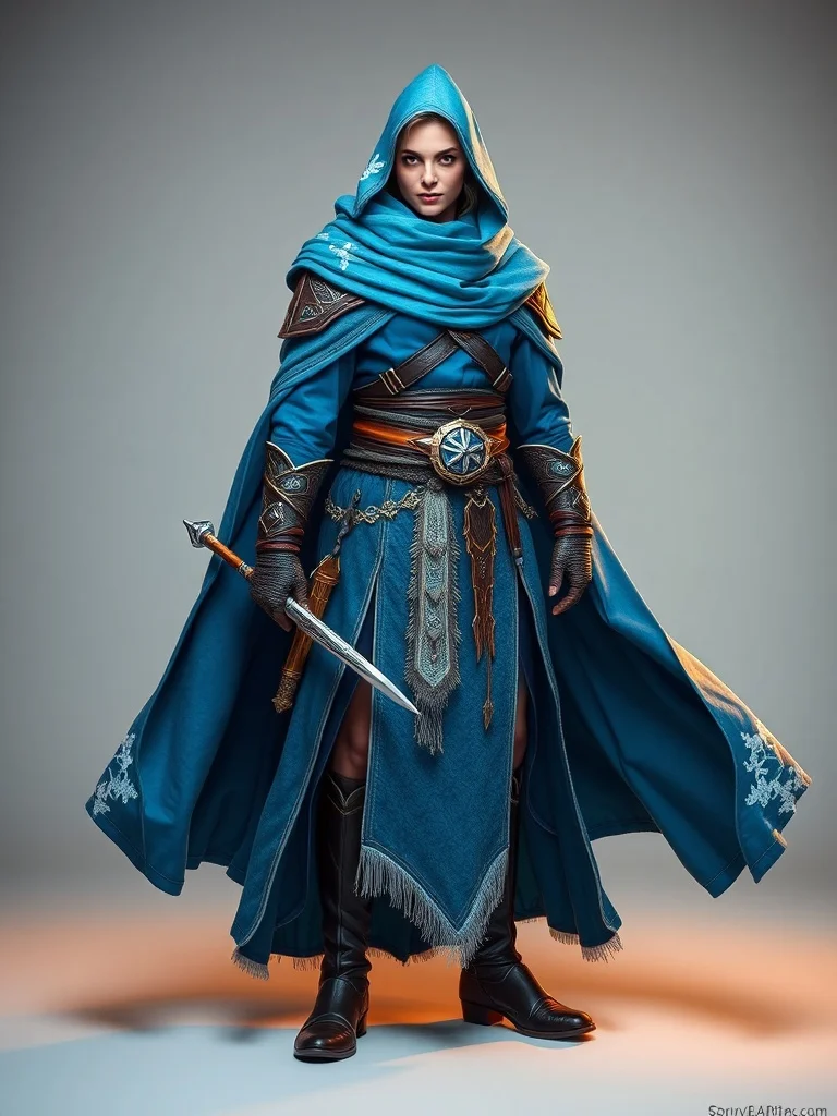 Photorealistic character: a frost mage in flowing blue robes