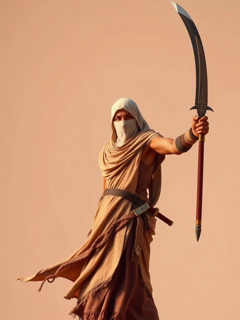 Photorealistic character: a desert nomad with veiled face and scimitar