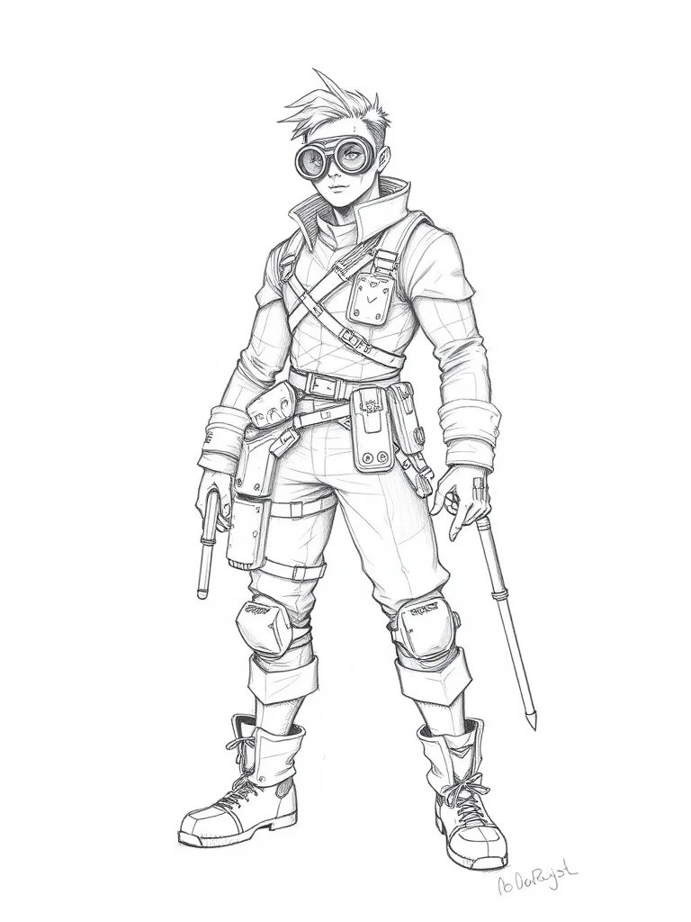 Sketch character: a steampunk inventor with goggles and toolbelt