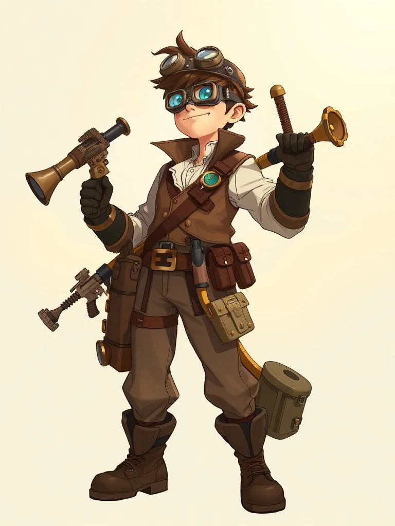 Studio Ghibli character: a steampunk inventor with goggles and toolbelt