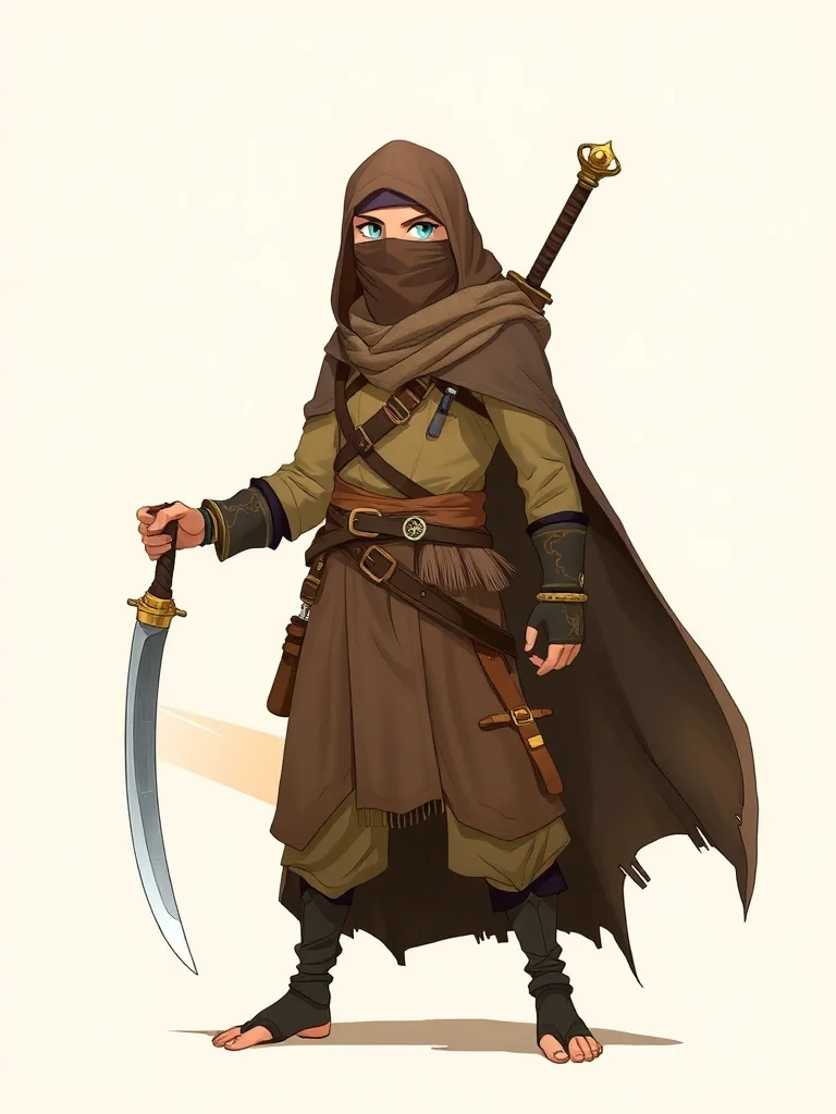 Studio Ghibli character: a desert nomad with veiled face and scimitar