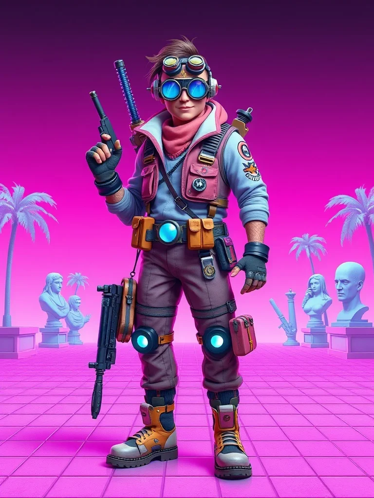 Vaporwave character: a steampunk inventor with goggles and toolbelt