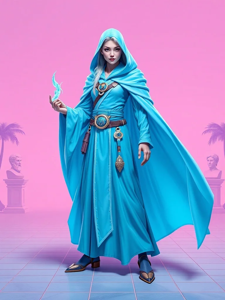 Vaporwave character: a frost mage in flowing blue robes