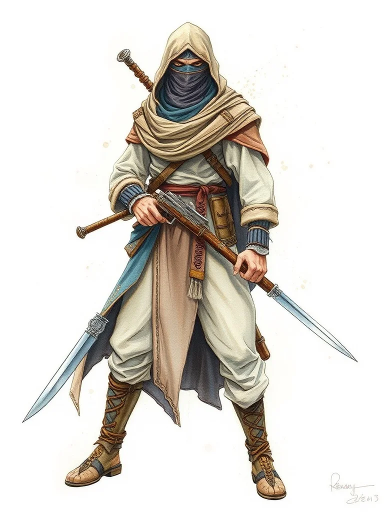 Watercolor character: a desert nomad with veiled face and scimitar