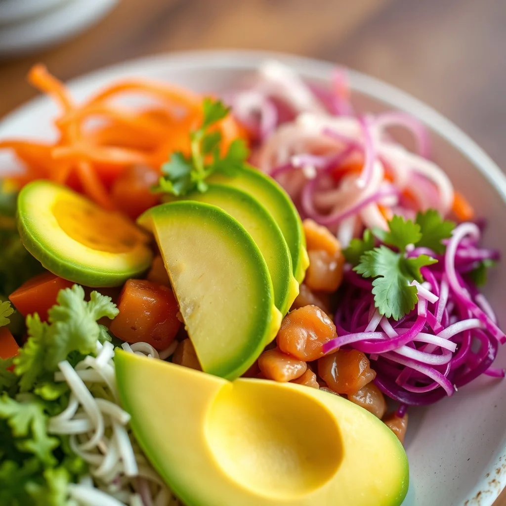 3D Render food photo: a colorful poke bowl with avocado