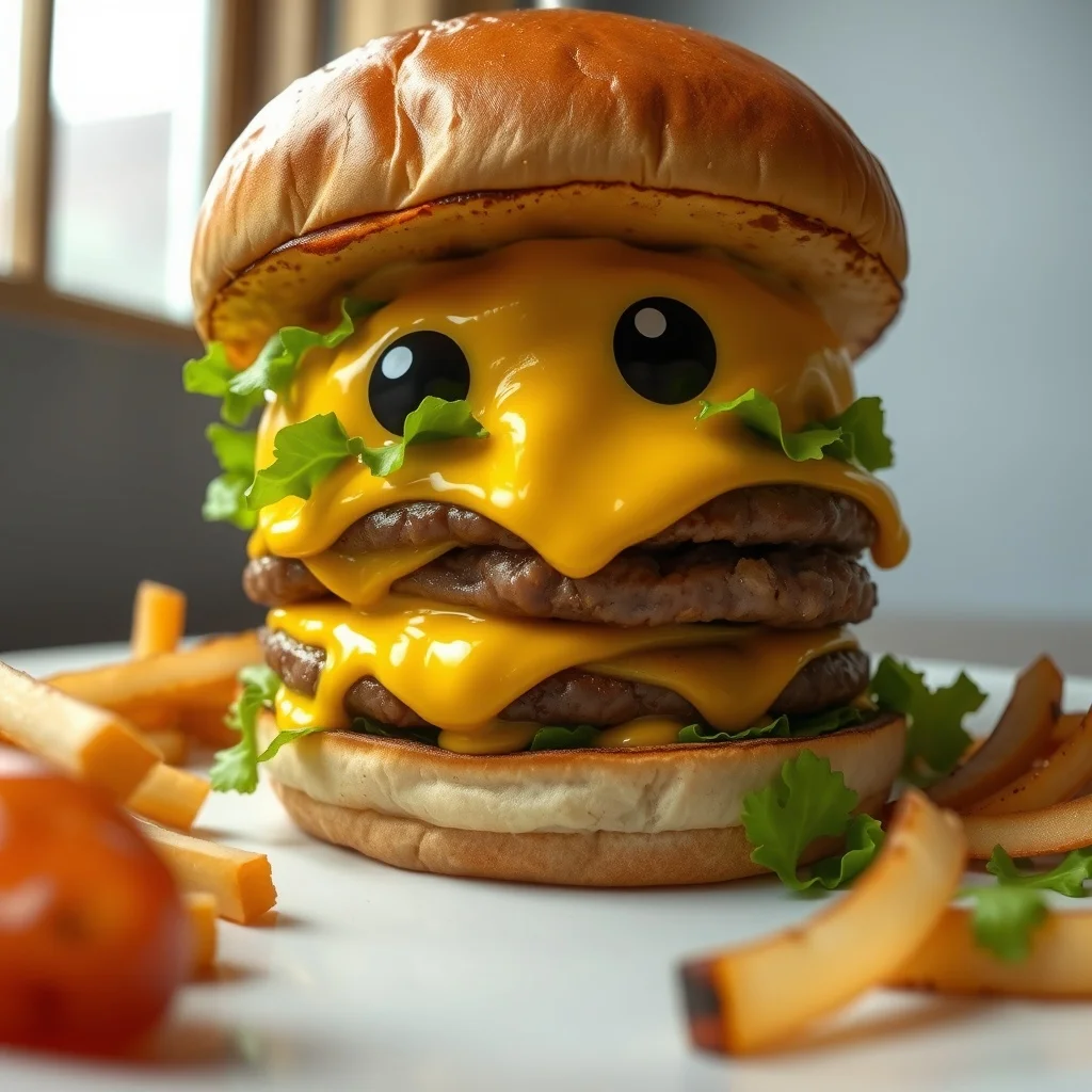 Anime food photo: a stacked smash burger with melted cheese