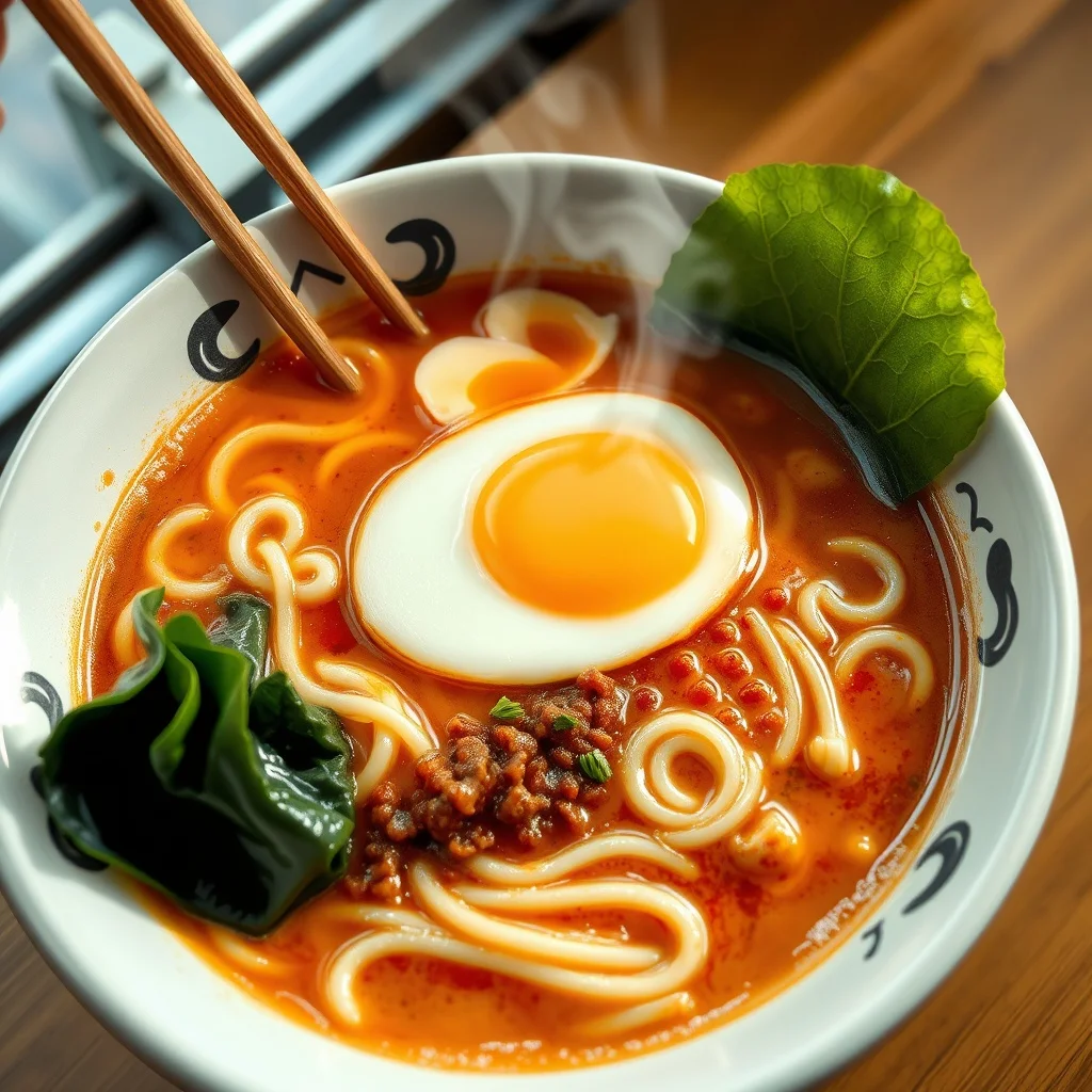 Anime food photo: a steaming bowl of ramen with soft egg