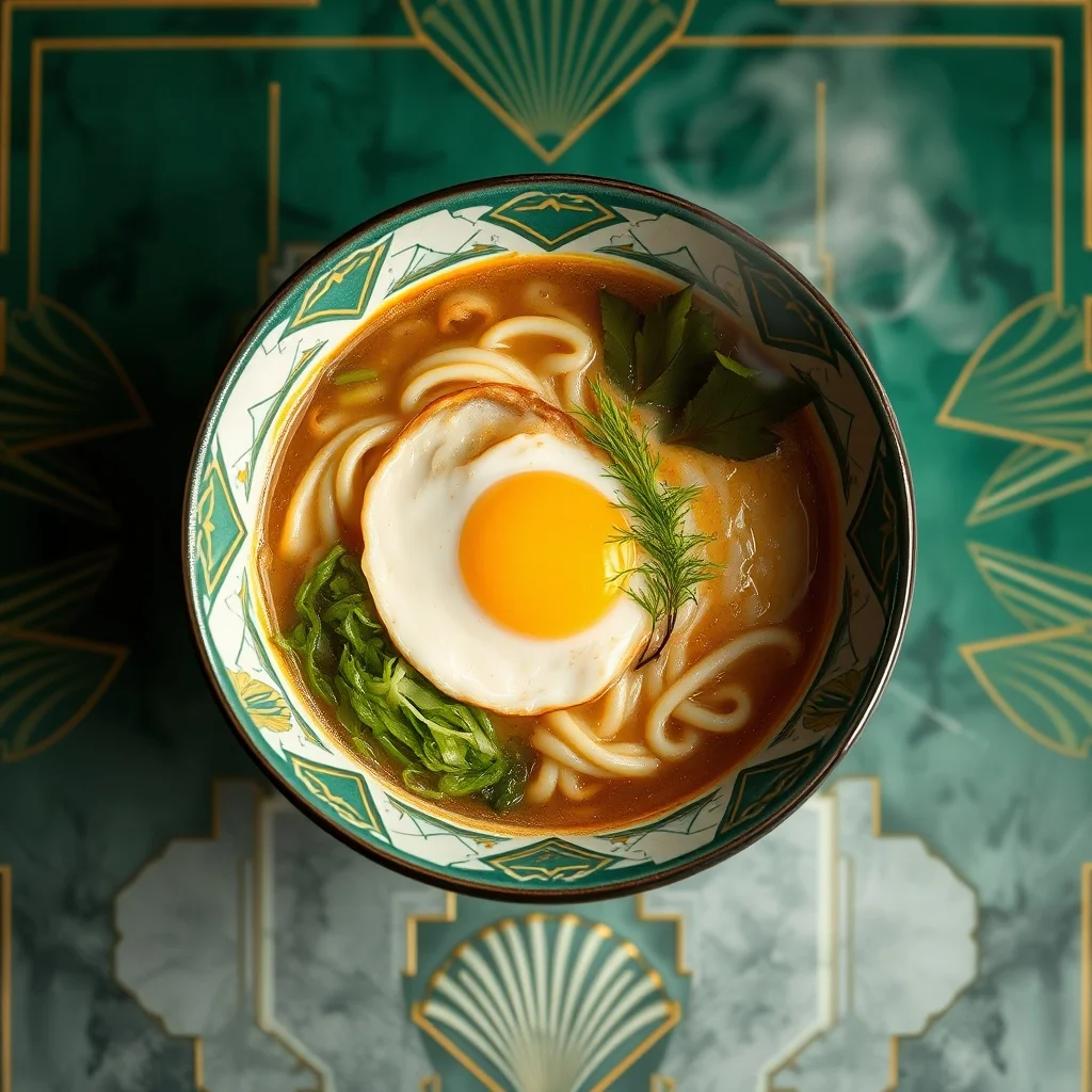Art Deco food photo: a steaming bowl of ramen with soft egg