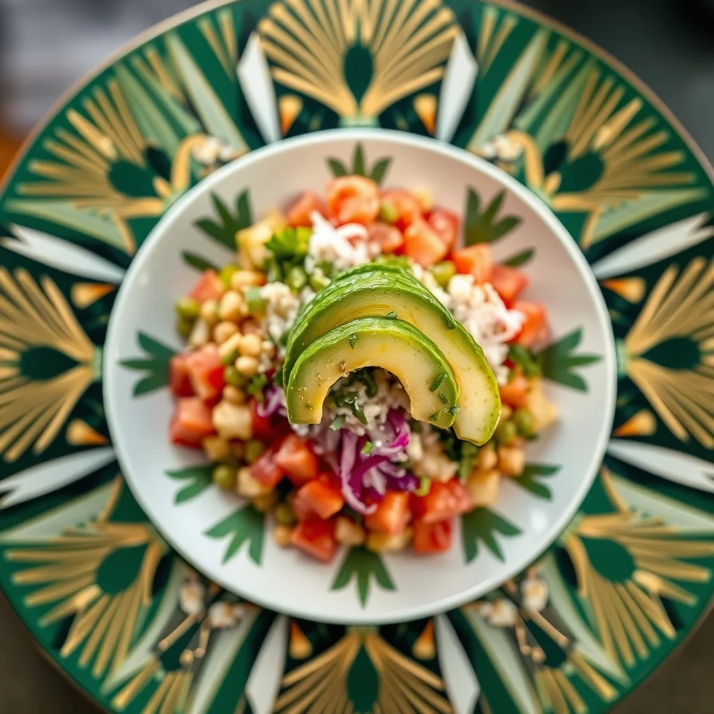 Art Deco food photo: a colorful poke bowl with avocado